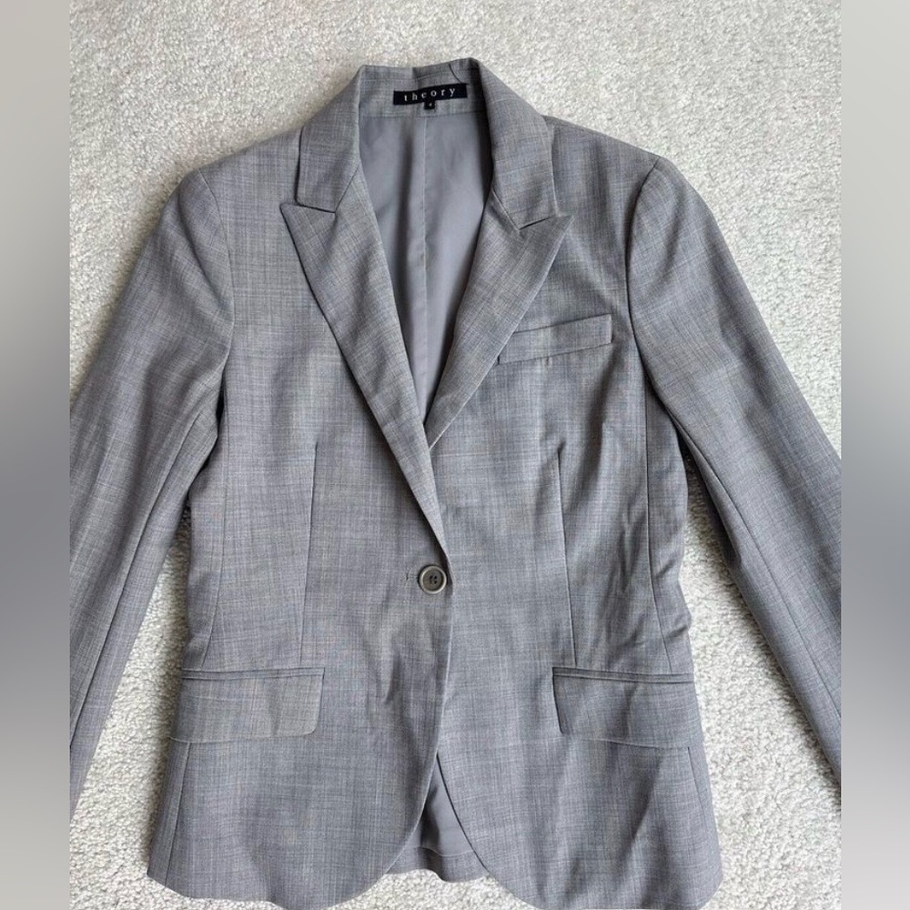 Theory Women's Blazer Wool Jacket Sz 4 Solid Gray Work Career Single Button
